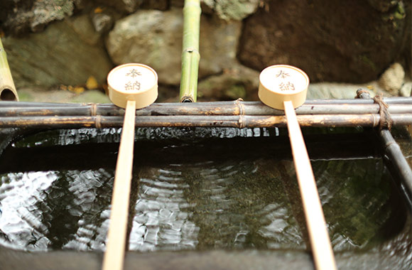 2. 入手水舎の水で心身を清めます。